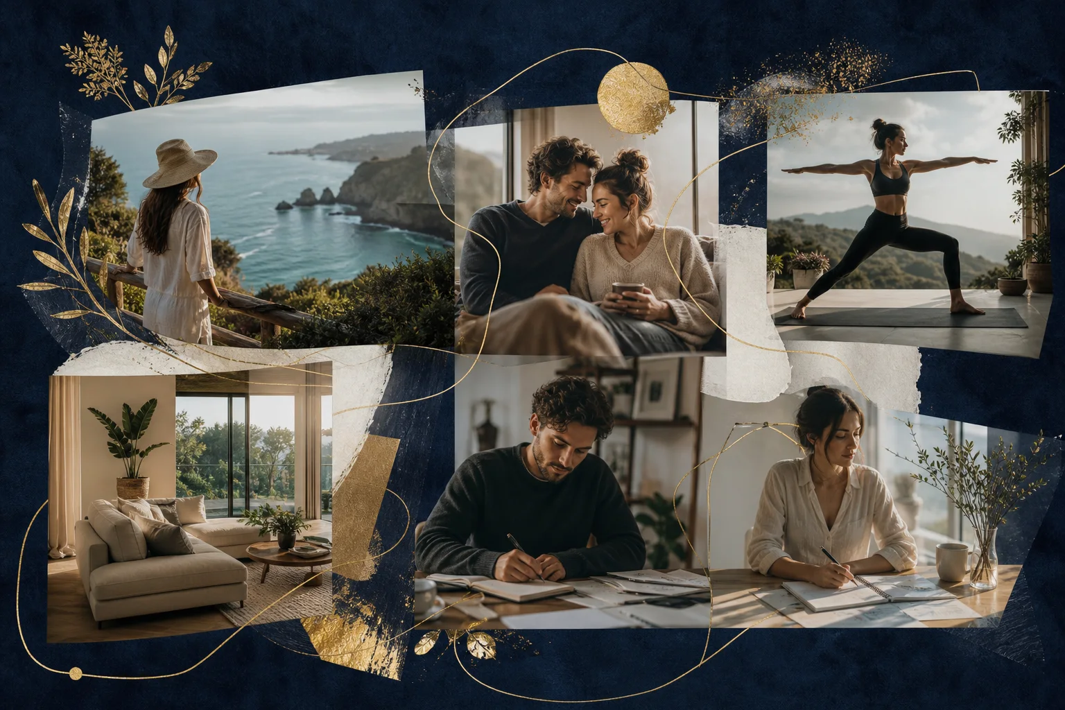 An original collage representing travel, health, relationships, home, and meaningful work